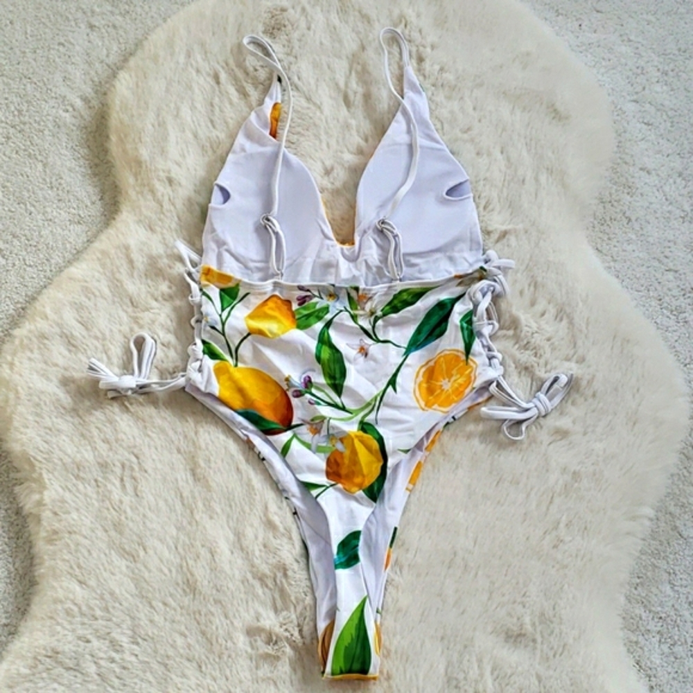 Lemon π Print Side Lace Thong Back One-piece Swim - Picture 7 of 8